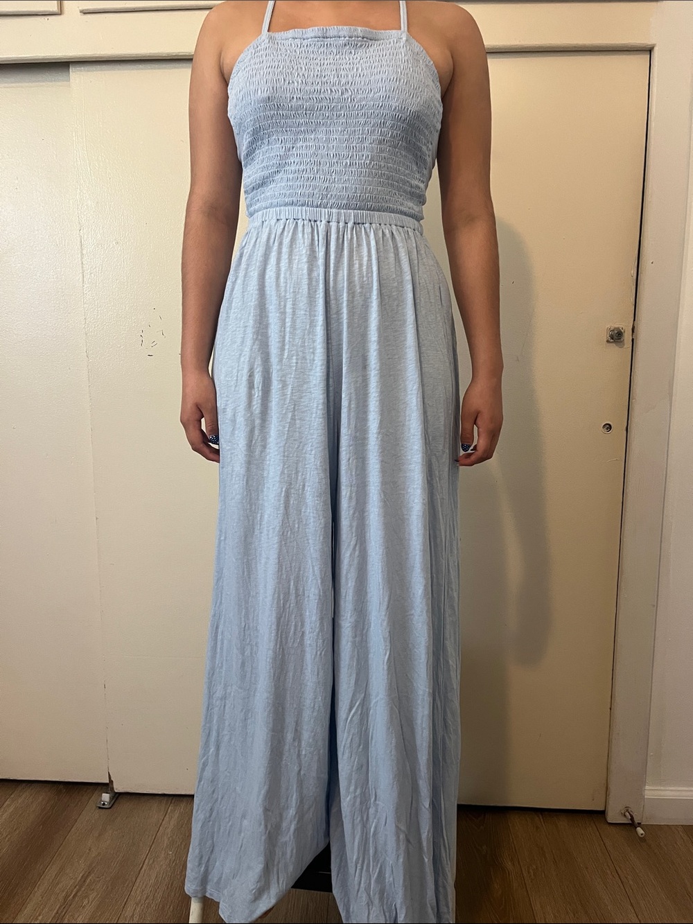 American Eagle Outfitters Light Blue Smocked Halter Wide-Leg Jumpsuit